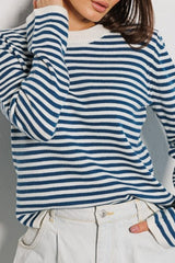 Stripe Crew Neck Ribbed Trim Pullover Sweater
