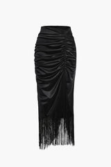 Tassel Hem Gathered Satin Midi Skirt