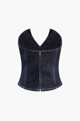 Zipper V-neck Strapless Denim Top