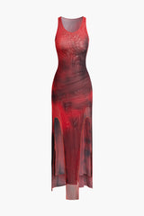 Tie Dye Mesh Asymmetrical Hem V-neck Sleeveless Midi Dress With Tie