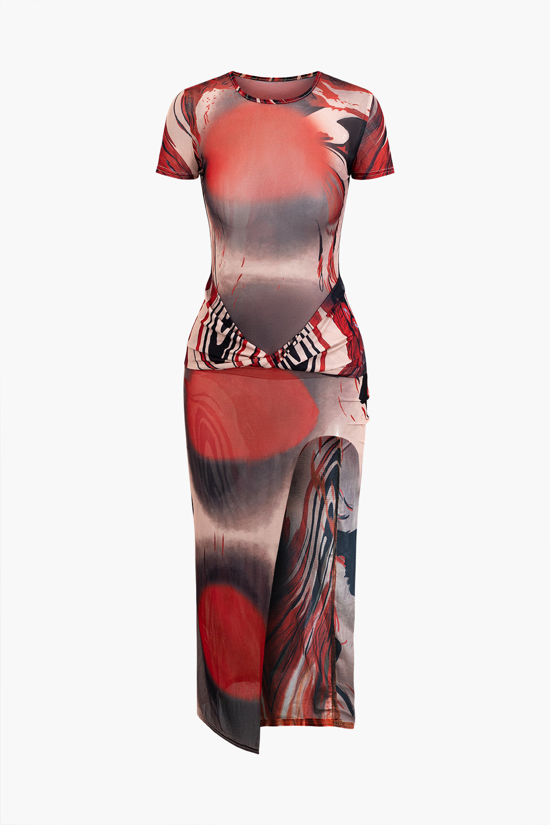 Tie Dye Mesh Wrap Twist Slit Midi Dress