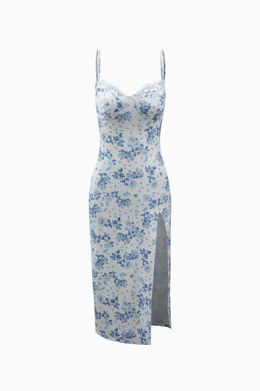 Floral Print Lace Trim Slit Maxi Dress