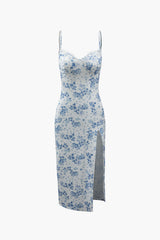 Floral Print Lace Trim Slit Maxi Dress