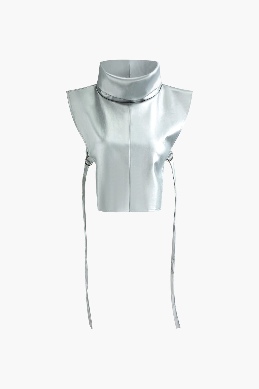 Metallic Faux Leather Turtle Neck Cap Sleeve Tank Top