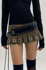 Belted Eyelet Detail Pleated Mini Skirt