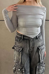 Off Shoulder Asymmetric Ruched Paneled Corset Top
