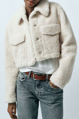 Fleece Button Up Long Sleeve Crop Coat