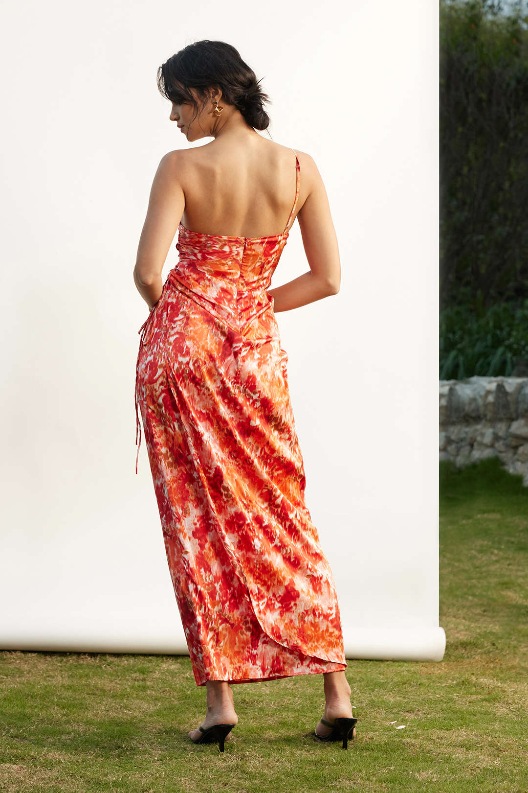 Printed Asymmetrical One Shoulder Slip Drawstring Maxi Dress