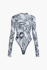 Abstract Round Neck Long Sleeve Bodysuit