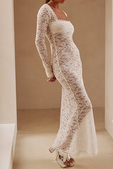 Lace Zipper Back Long Sleeve Maxi Dress