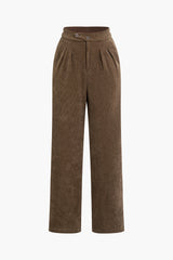 High Waist Pleated Straight Leg Corduroy Pants