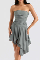 Asymmetrical Ruched Strapless Mini Dress