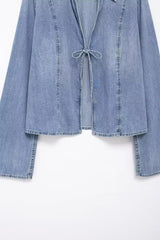 Flare Sleeve Raw Hem Pullover Denim Top