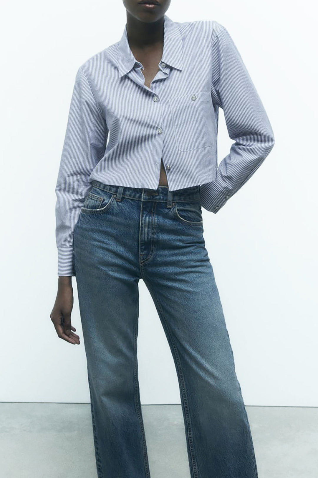 Pinstripe Patch Pocket Button Up Crop Shirt