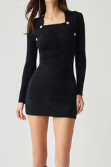 Brushed Knit Square Neck Long Sleeve Mini Dress