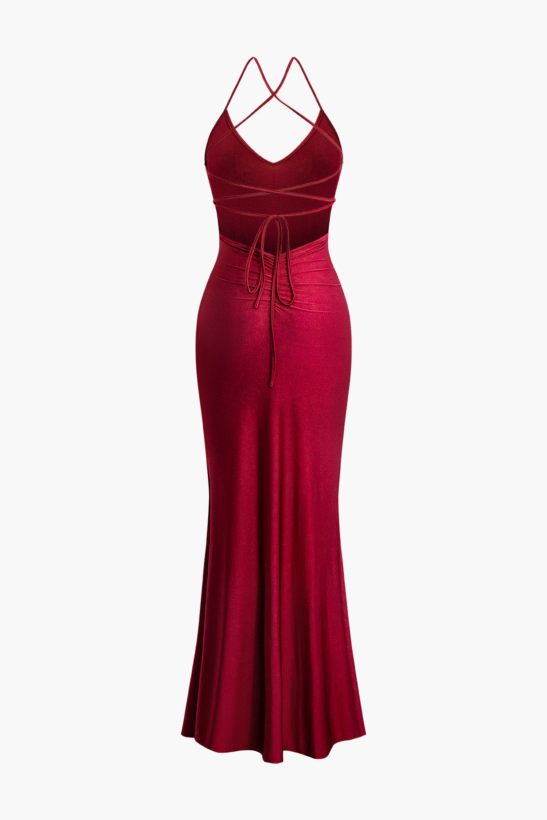 V-neck Cross Tie Backless Ruched Mermaid Maxi Dress