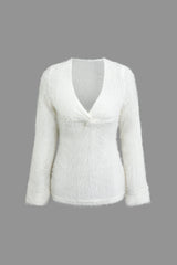 Brushed Twist Front V-neck Long Sleeve Knit Top