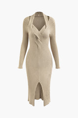 V-neck Rib Knit Slit Midi Dress