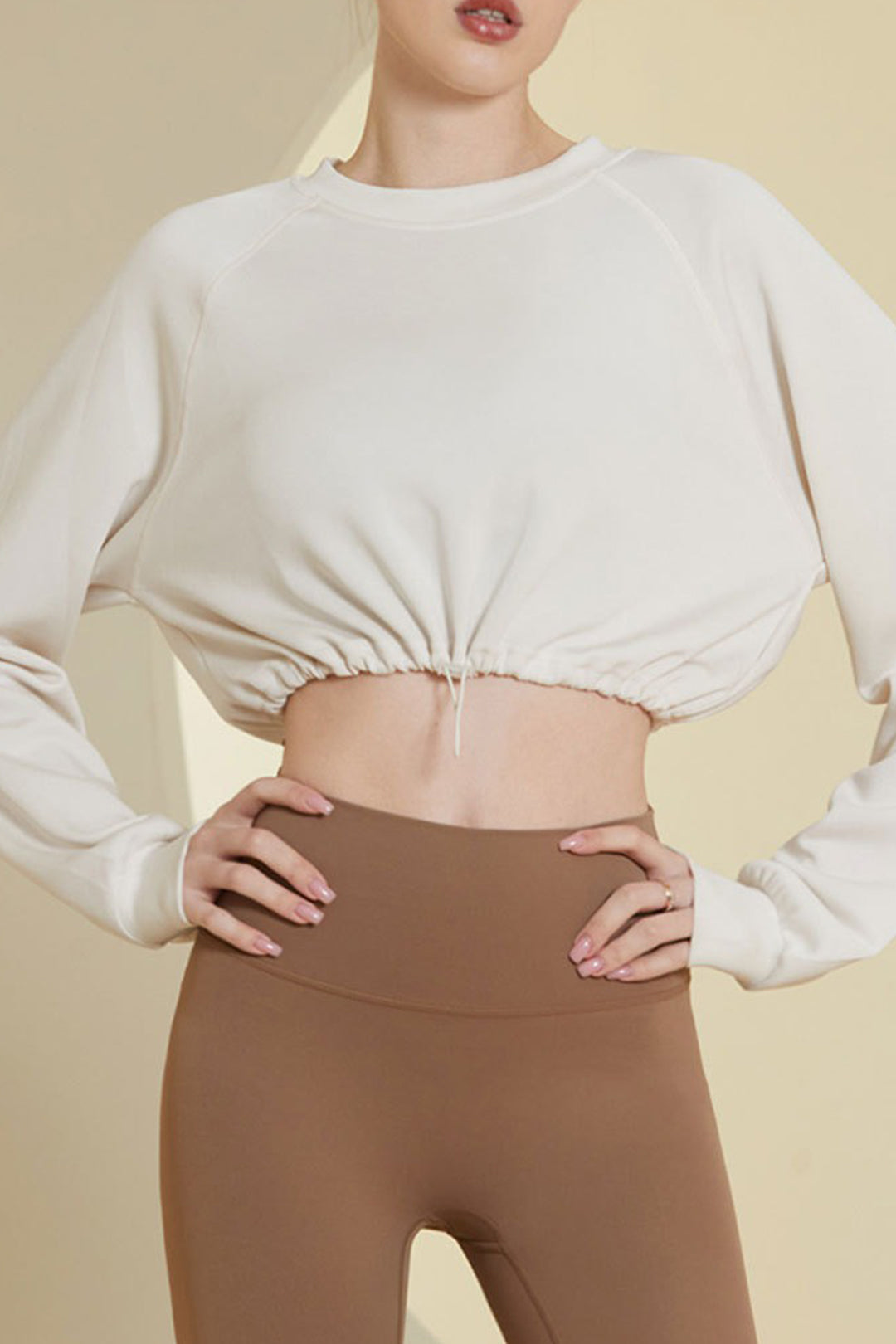 Round Neck Drawstring Hem Crop Sweatshirt