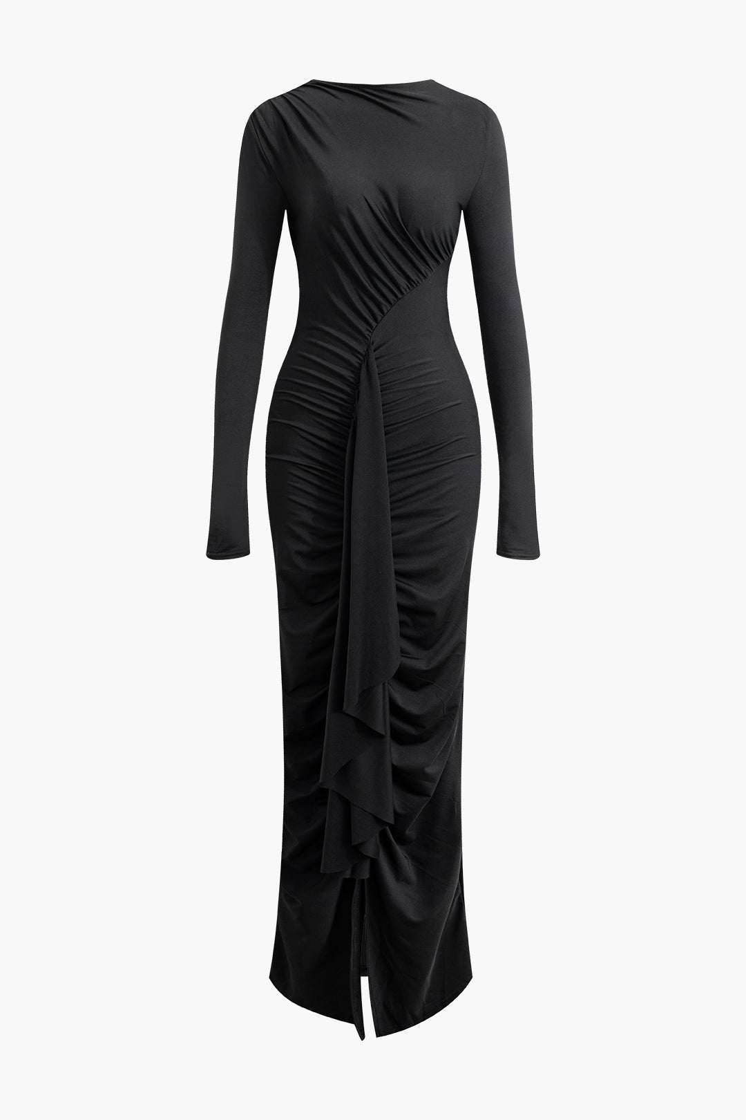 Round Neck Ruched Slit Long Sleeve Maxi Dress