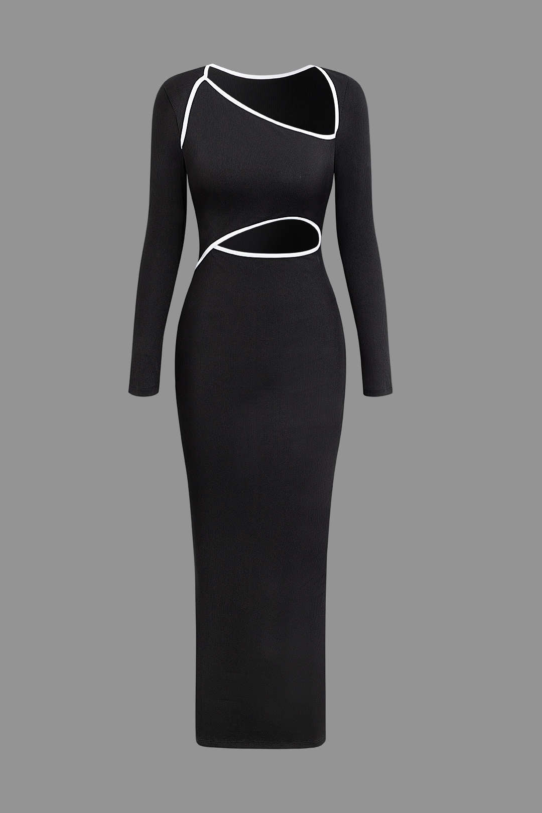 Contrast Trim Cut Out Asymmetrical Long Sleeve Maxi Dress