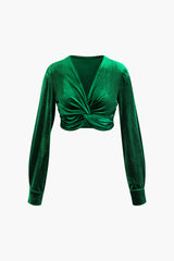 V-neck Twist Front Velvet Long Sleeve Top
