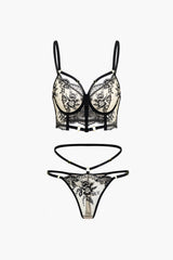 Floral Embroidery Sheer Lace Bra Top And Panties Set