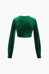 V-neck Twist Front Velvet Long Sleeve Top