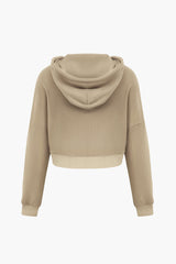 Waffle Kangaroo Pocket Drawstring Zip Up Hooded Cardigan