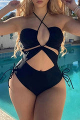 Solid Halter Tie Cut Out One-piece Swimsuit