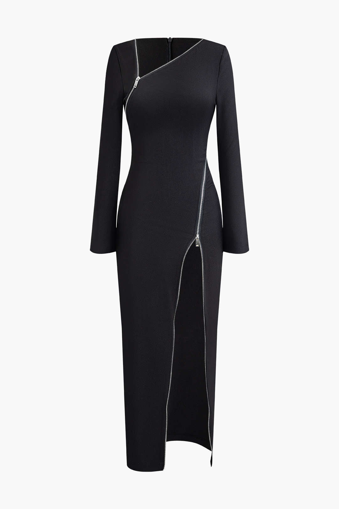 Asymmetrical Long Sleeve Zipper Slit Maxi Dress