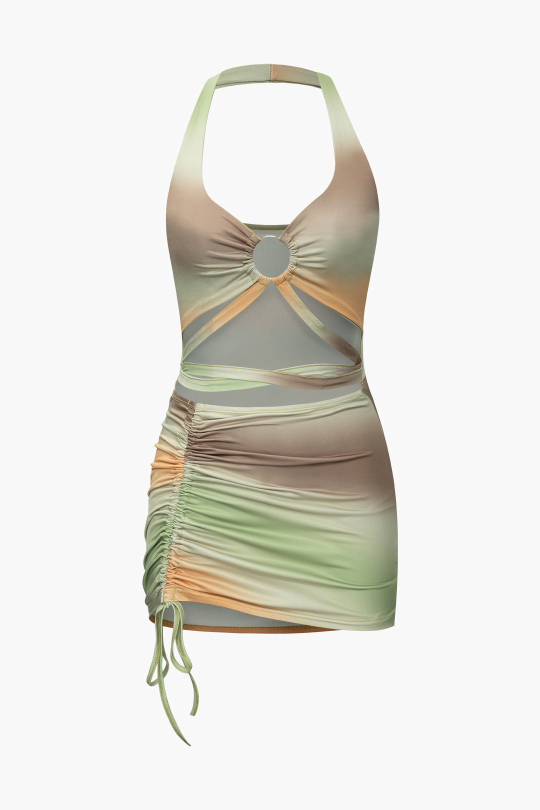 Ombre Ring Halter Cut Out Ruched Swimsuit