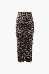 Leopard Print Ruched Slit Midi Skirt