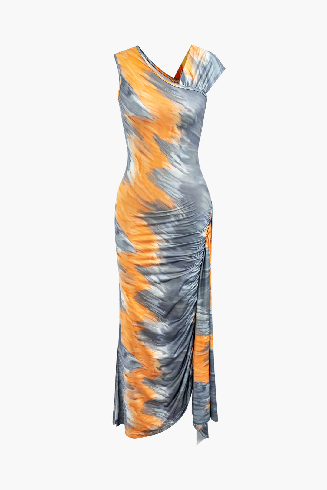 Tie Dye Ruched Asymmetrical Maxi Dress