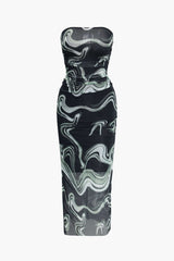 Swirl Print Strapless Ruched Mesh Midi Dress