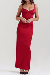 Solid Slip Zipper Slit Bustier Maxi Dress