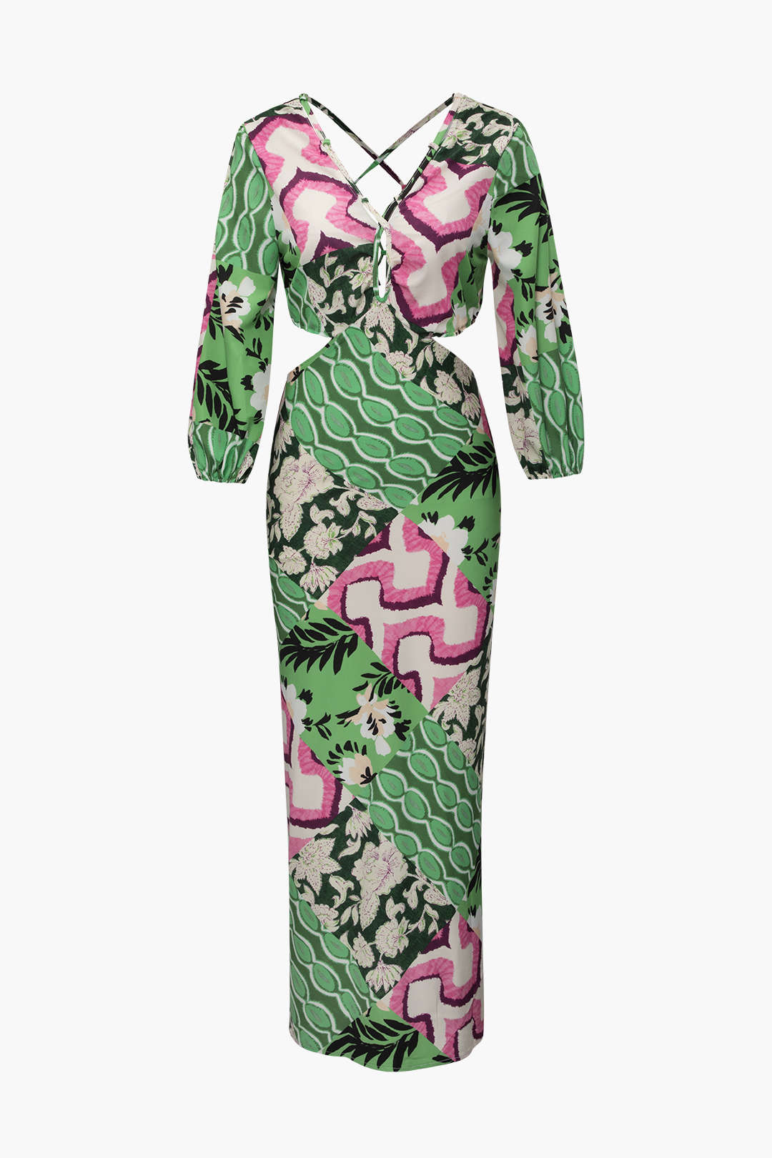 Floral Print  V-neck Back Tie Cut Out Maxi Dress