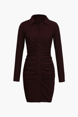 Brown Ruched Buttons Down Mini Dress