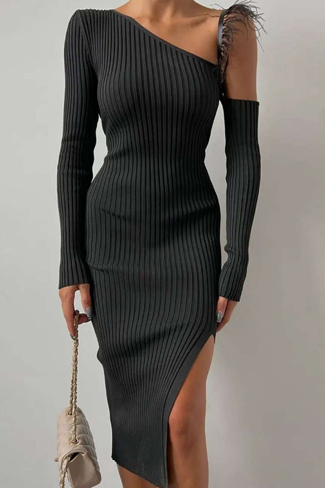 Asymmetrical Feather Detail Long Sleeve Slit Knit Midi Dress