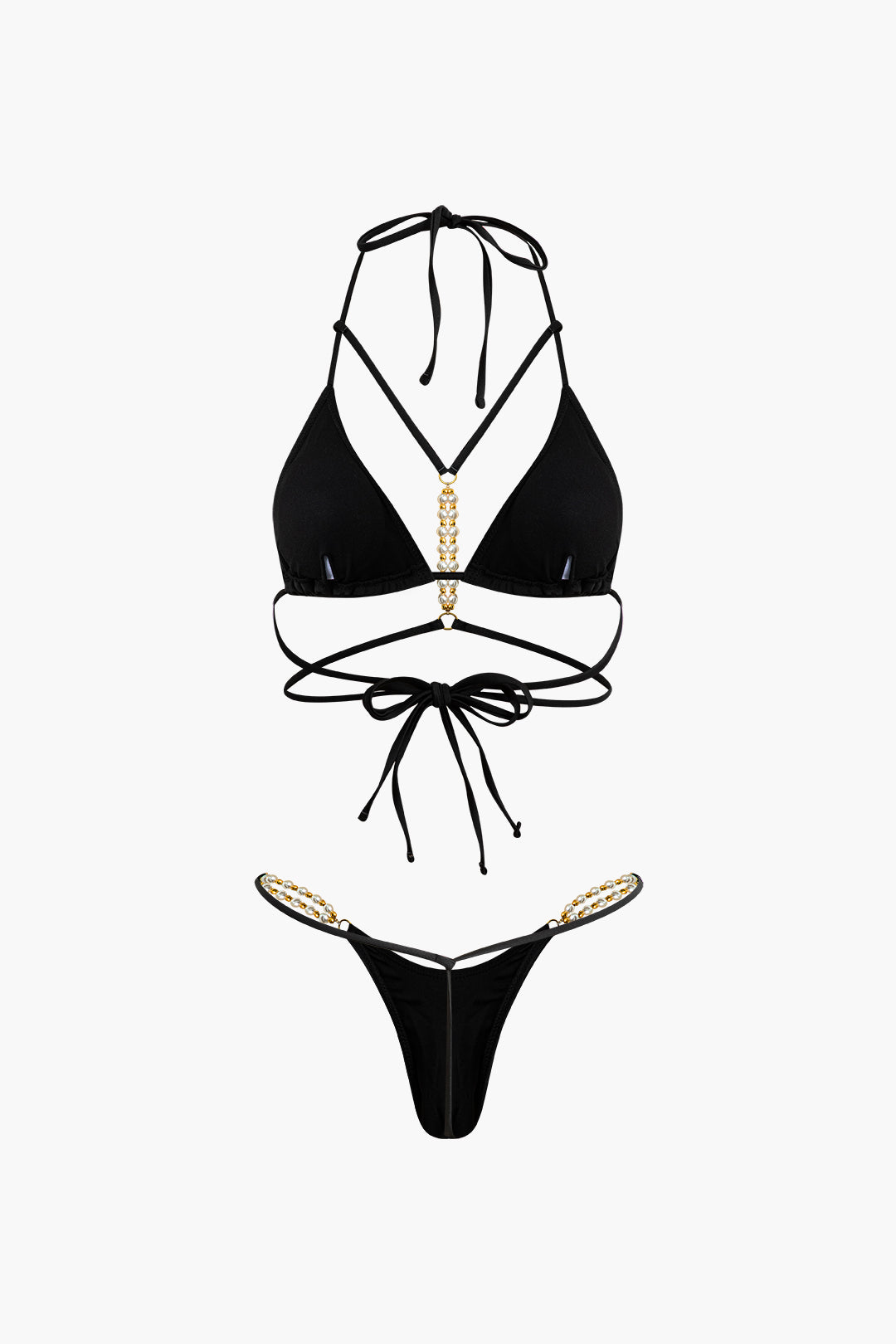 Pearl Decor Tie Halter Bikini Set