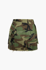 Camo Frayed Hem Cargo Skirt