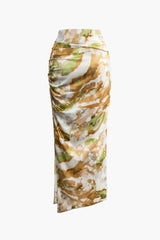 Abstract Print Ruched Split Maxi Skirt