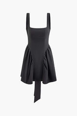 Square Neck Backless Pleated Knot Waist Mini Dress