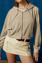 Waffle Kangaroo Pocket Drawstring Zip Up Hooded Cardigan