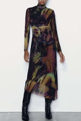 Abstract Print Cut Out Asymmetrical Hem Mesh Maxi Dress