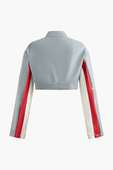 Patchwork Mock Neck Faux Leather Crop Jacket