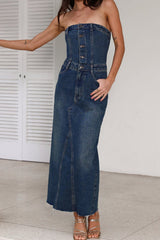 Denim Strapless Back Slit Midi Dress