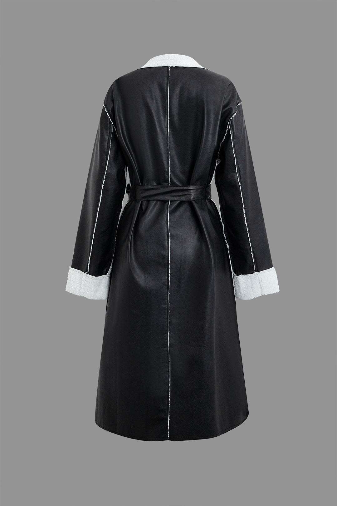 Faux Leather Fleece Notched Lapel Long Sleeve Coat