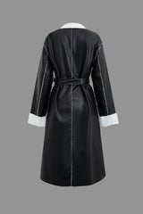 Faux Leather Fleece Notched Lapel Long Sleeve Coat