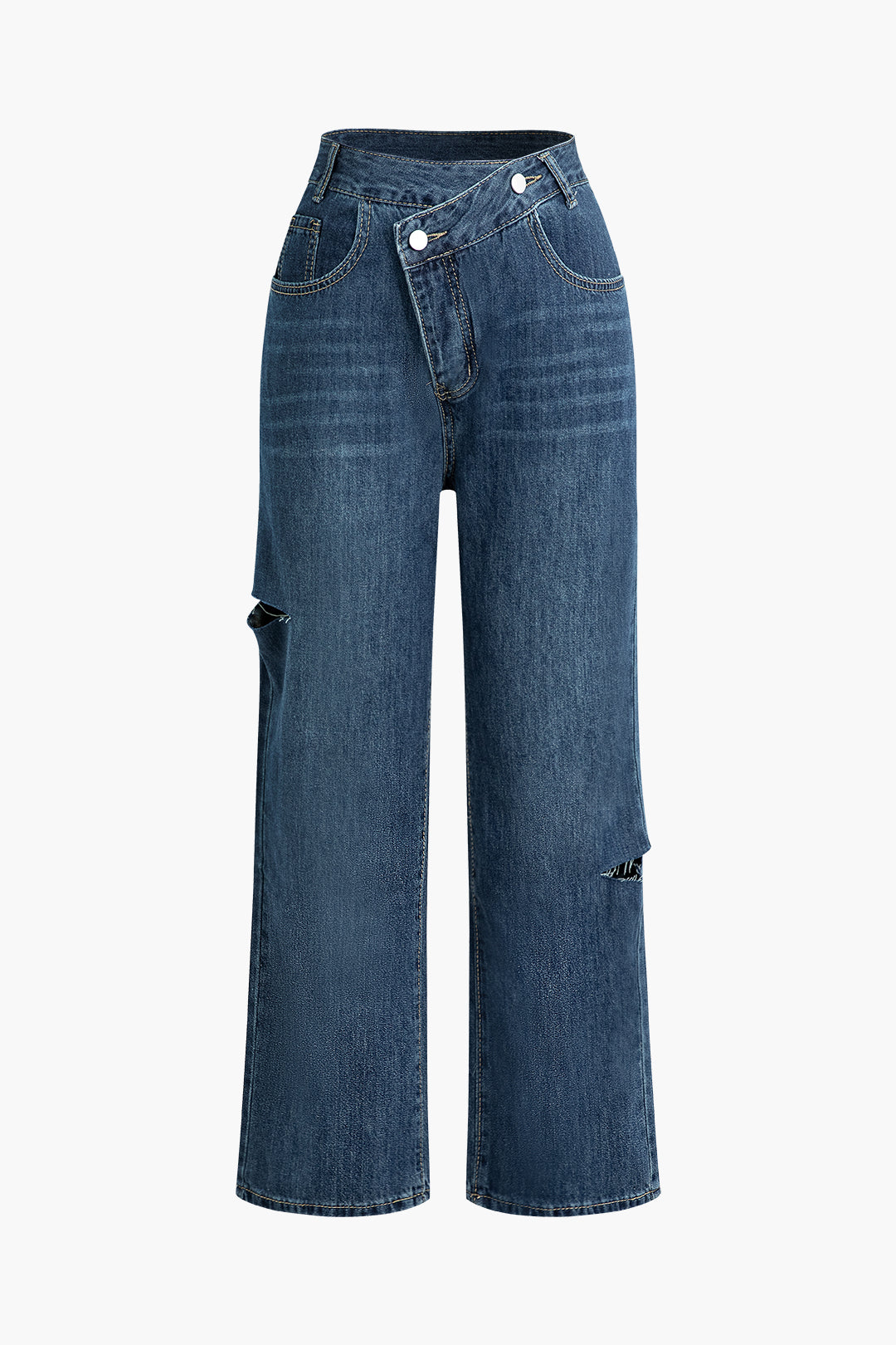 Asymmetric Waist Ripped Straight Leg Jeans